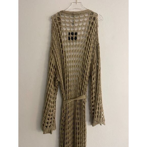 J Lux Label Cardigan Sweater L Khaki Taupe Crochet Knit Belt Long Duster Cover - Picture 7 of 8